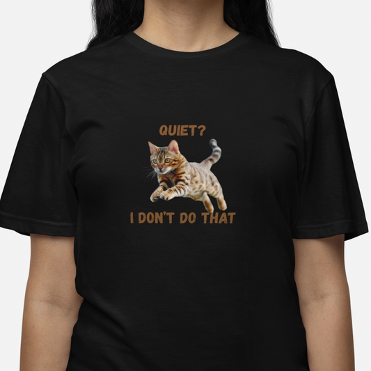 Black t-shirt with a cat graphic and text worn by a person on a white background