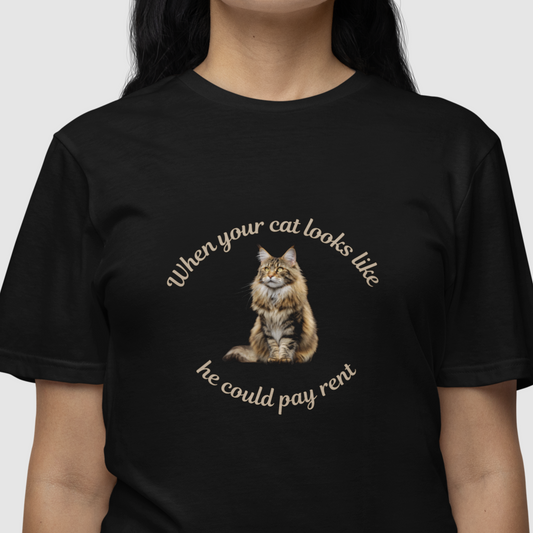 Black t-shirt with a cat graphic and text worn by a person on a white background