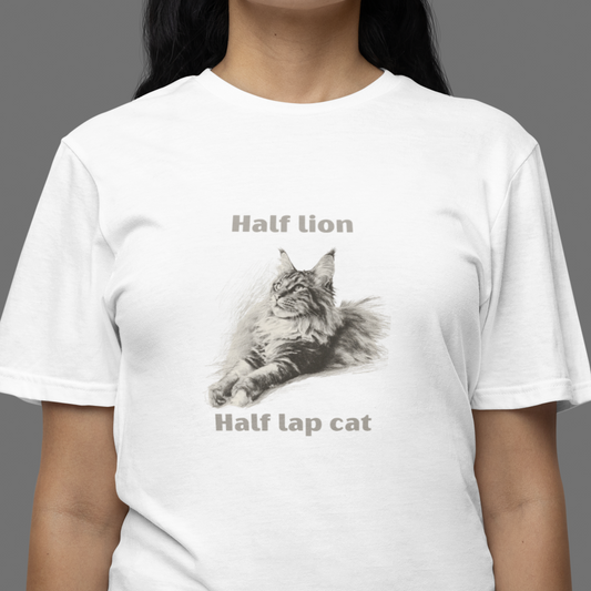 Person wearing a white t-shirt with a cat graphic and text on a gray background
