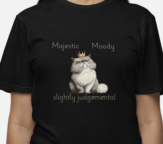 Black t-shirt with a graphic of a cat and text worn by a person on a white background