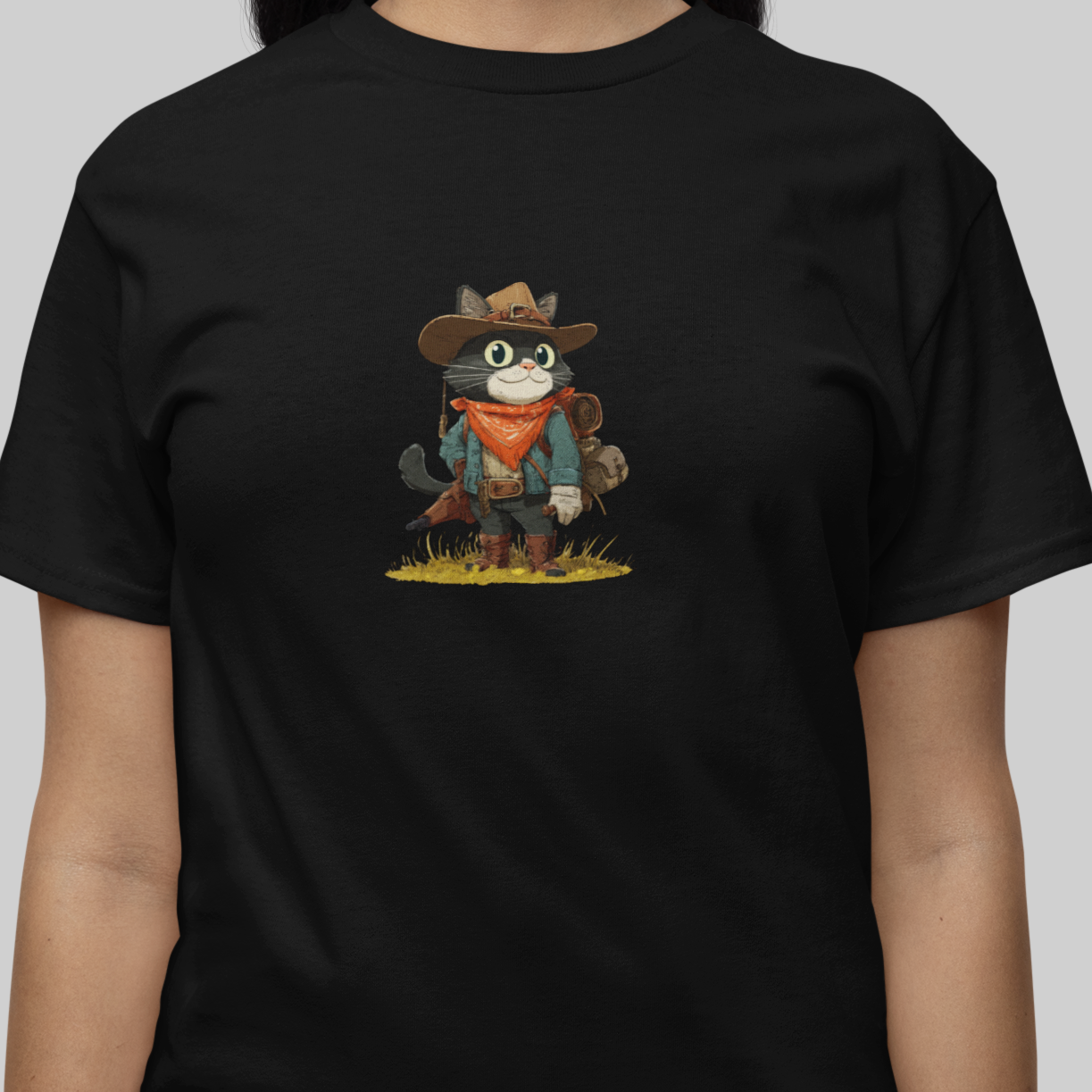 Black t-shirt with a cartoon character design on a plain background