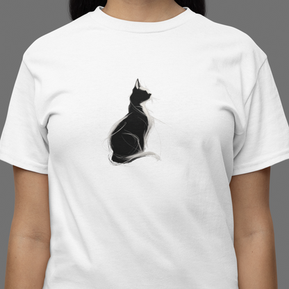 White t-shirt with a black cat graphic worn by a person on a gray background