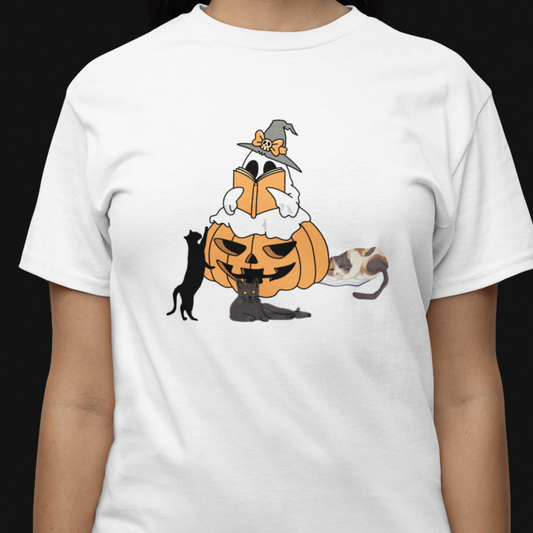White t-shirt with a Halloween-themed design featuring a jack-o'-lantern, cat, on a black background.
