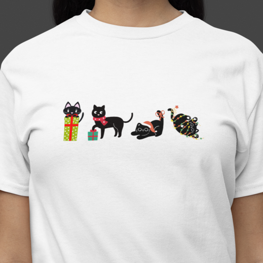 White t-shirt with black cat illustrations on a gray background