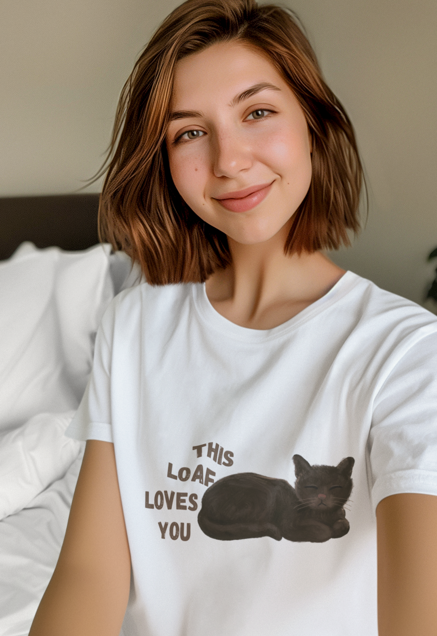 White t shirt- 'This loaf loves you' text with brown cat image