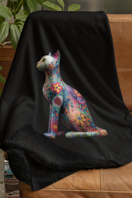 Colorful cat illustration on a black blanket draped over a brown couch.