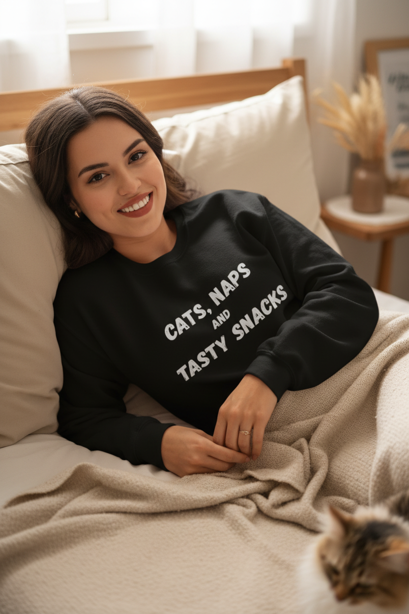 Person lying on bed in Cat Naps and Snacks sweater