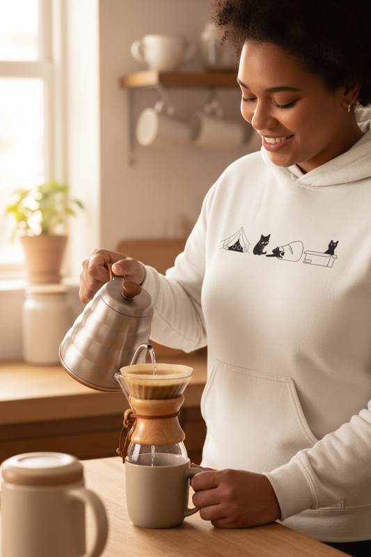 Person making coffee in Mischievous Cat hoodie