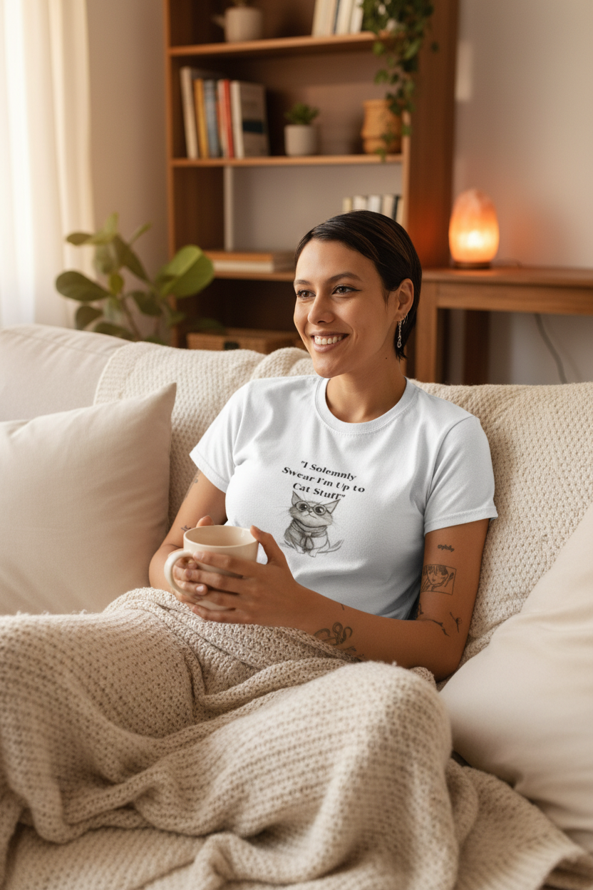 Person relaxing at home in Harry Potter cat t-shirt
