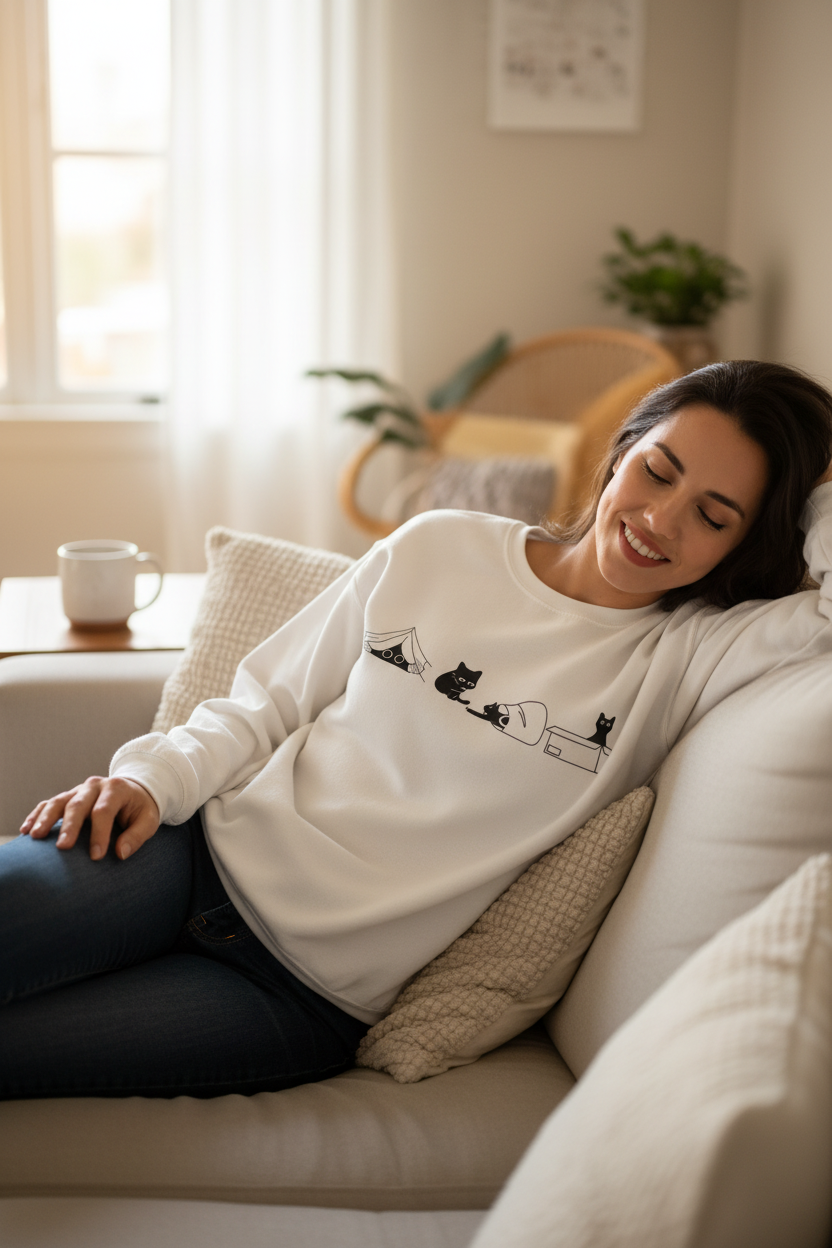 Person relaxing at home in Mischievous cat sweater