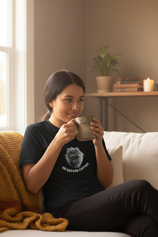Person relaxing at home with coffee in Persian cat t-shirt