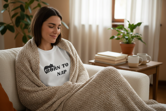 Person relaxing on sofa in Born to Nap sweater