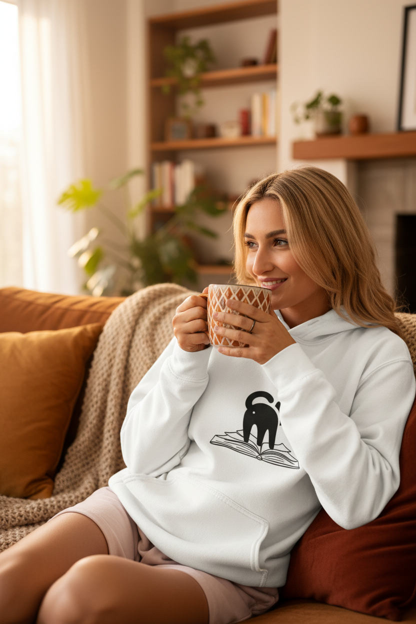 Person relaxing on sofa in cat butt book hoodie