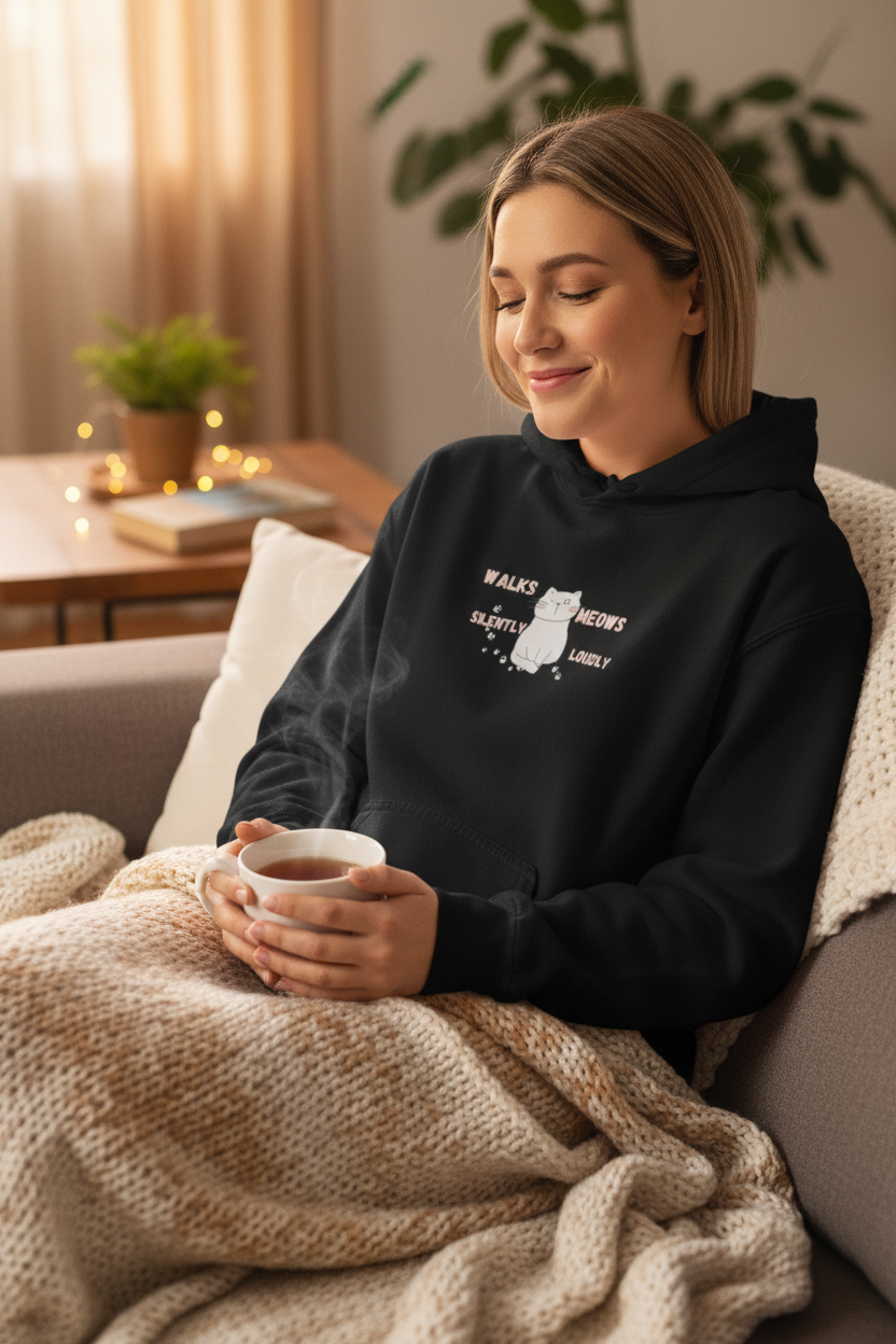 Person relaxing on sofa in Cat Cute Meows Loudly hoodie