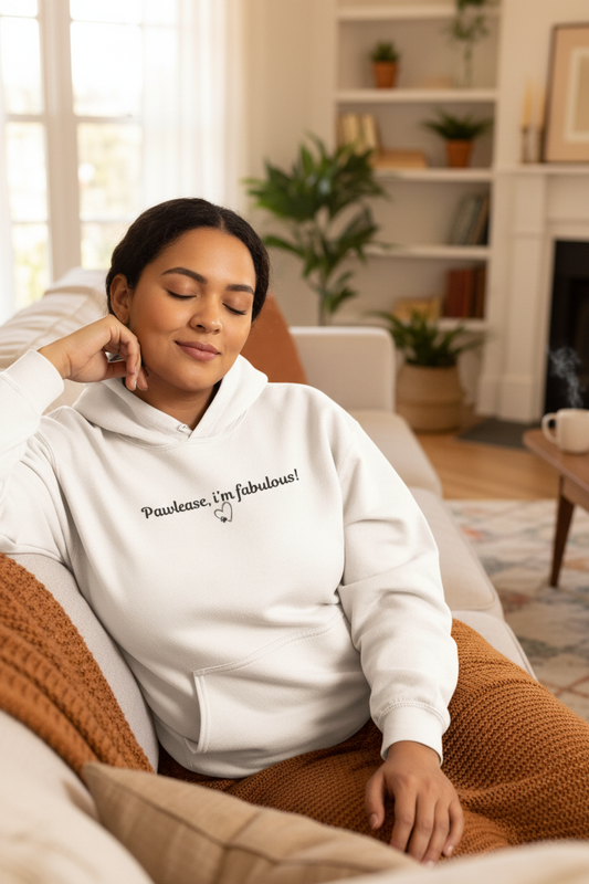 Person relaxing on sofa in Pawlease Fabulous white hoodie