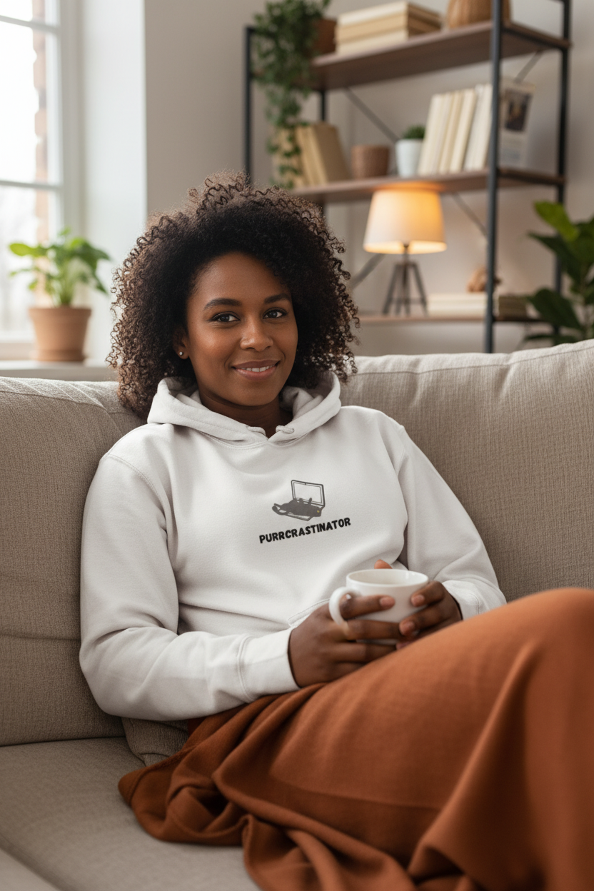Person relaxing on sofa in Purrcrastinating kitten hoodie