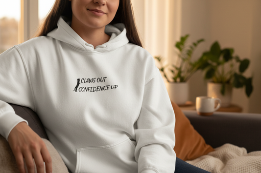Person sitting at home in Cat Claws Out hoodie