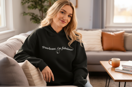Person sitting at home in Fabulous dark Pawlease hoodie
