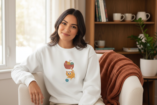 Person sitting at home in Thread Thief sweater