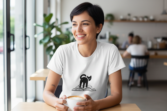 Person wearing Cat Butt t-shirt at cafe - accurate sizing