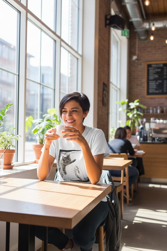 Person wearing cat t-shirt at cafe