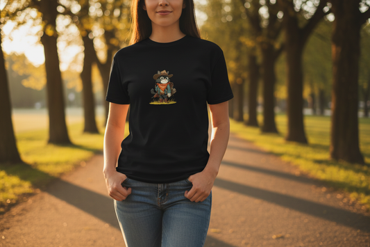 Person wearing cowboy cat t-shirt - close up view