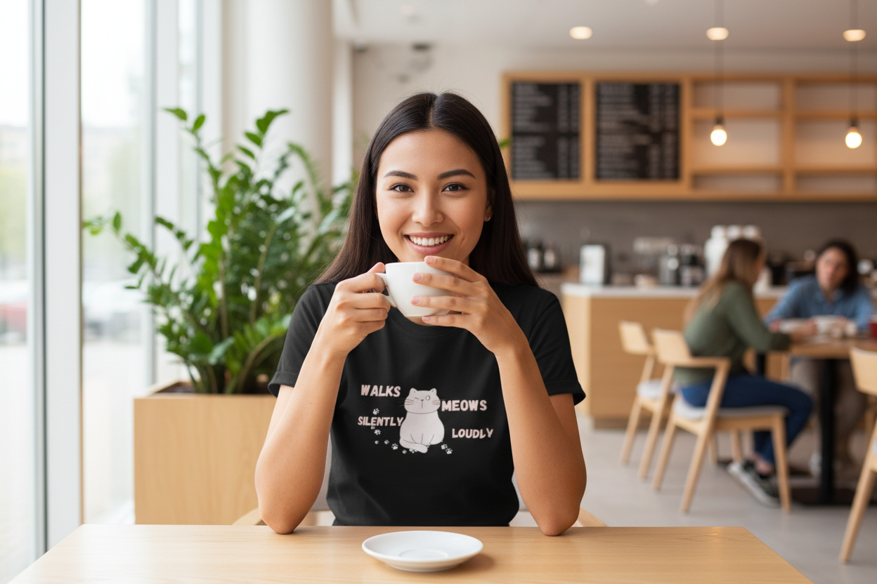Person wearing meows loudly t-shirt at cafe