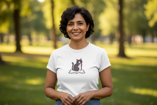 Relaxed Cat and Book White Tee Mockup