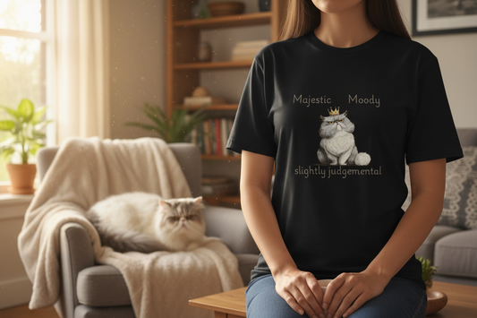 Royal Sass Persian Tee lifestyle mockup with Persian cat