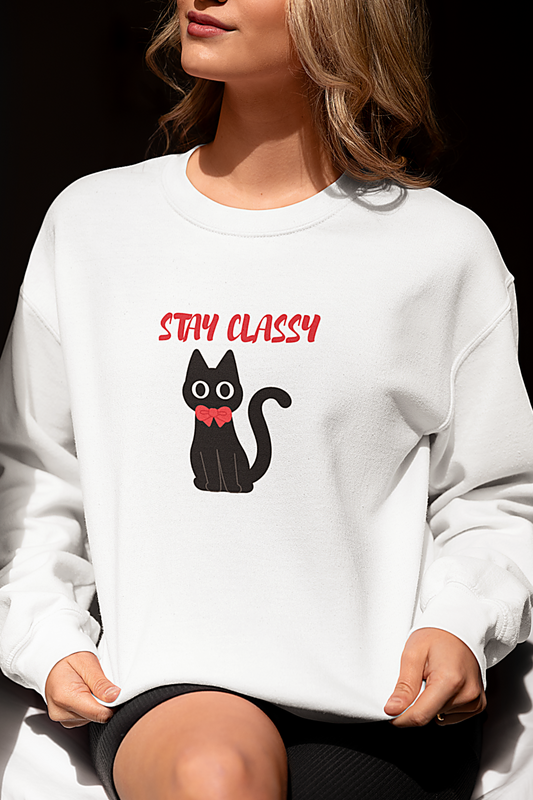 Person wearing a white sweatshirt with a black cat graphic and 'Stay Classy' text.