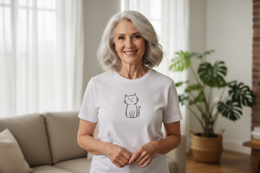 Sketch Kitty White Tee Mockup - Older Woman