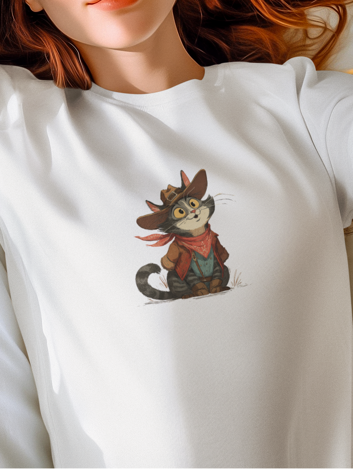 Woman wearing a white t-shirt with a cat graphic, lying on a white bed.