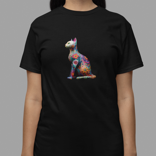 Black t-shirt with a colorful cat graphic worn by a person on a gray background